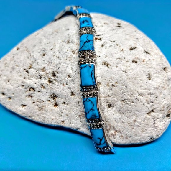 Stabilized Turquoise 11x7mm & Marcasite 925 Sterling Silver Bracelet 7" - Picture 2 of 11